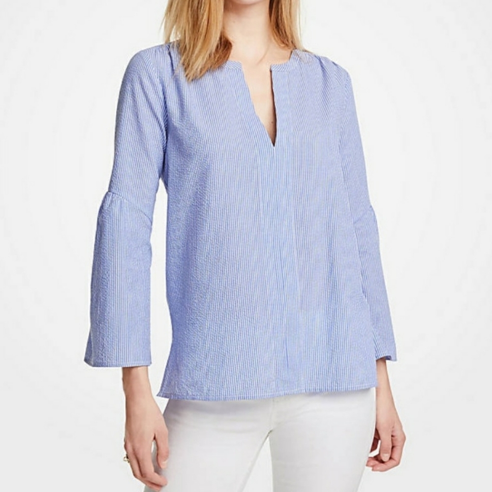 Ann Taylor Seersucker Tunic Blueand White Pinstripe Small
